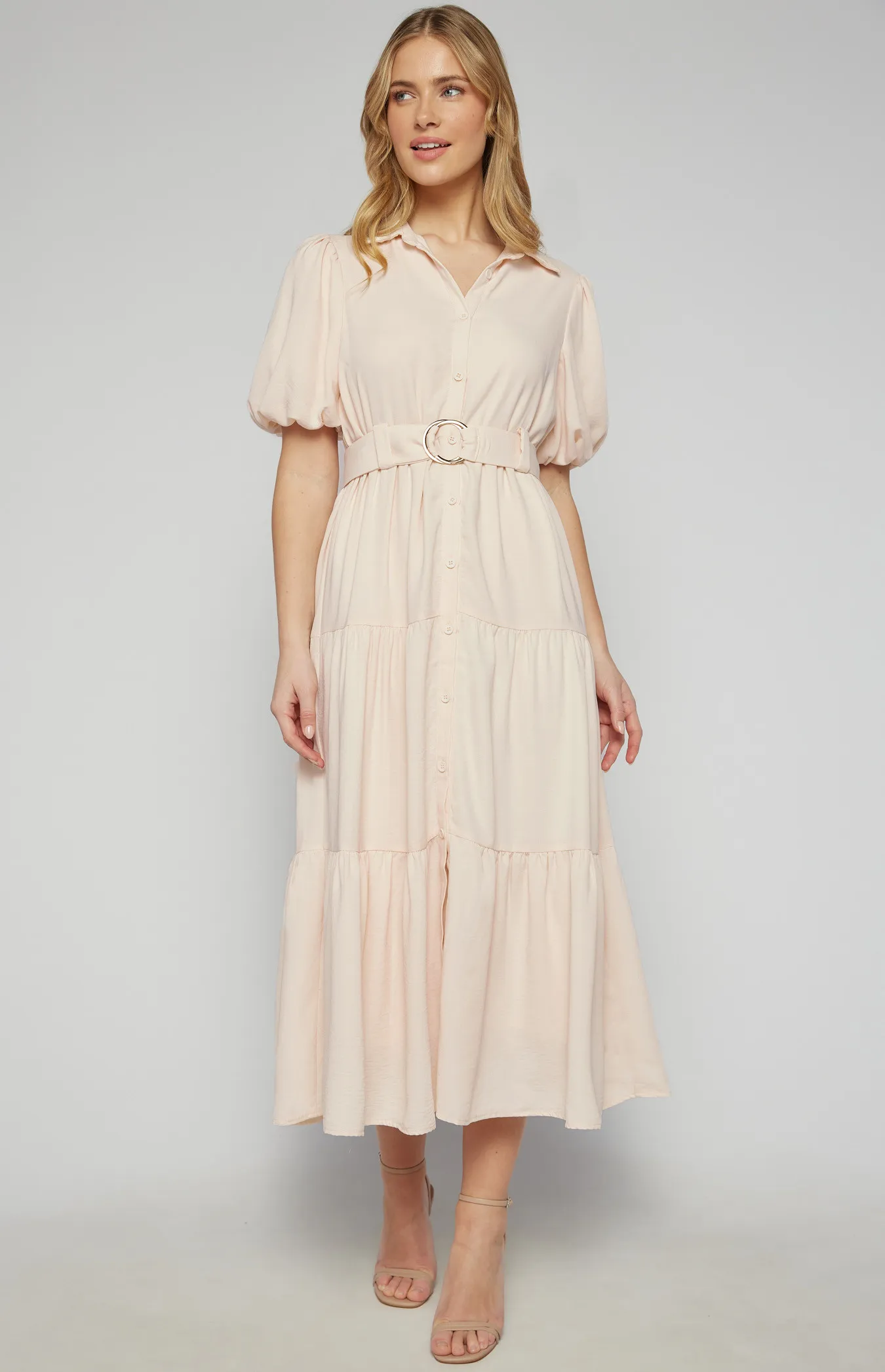 Midi Shirt Dress with Metal Ring Belt and Tiered Skirt (SDR1256A)