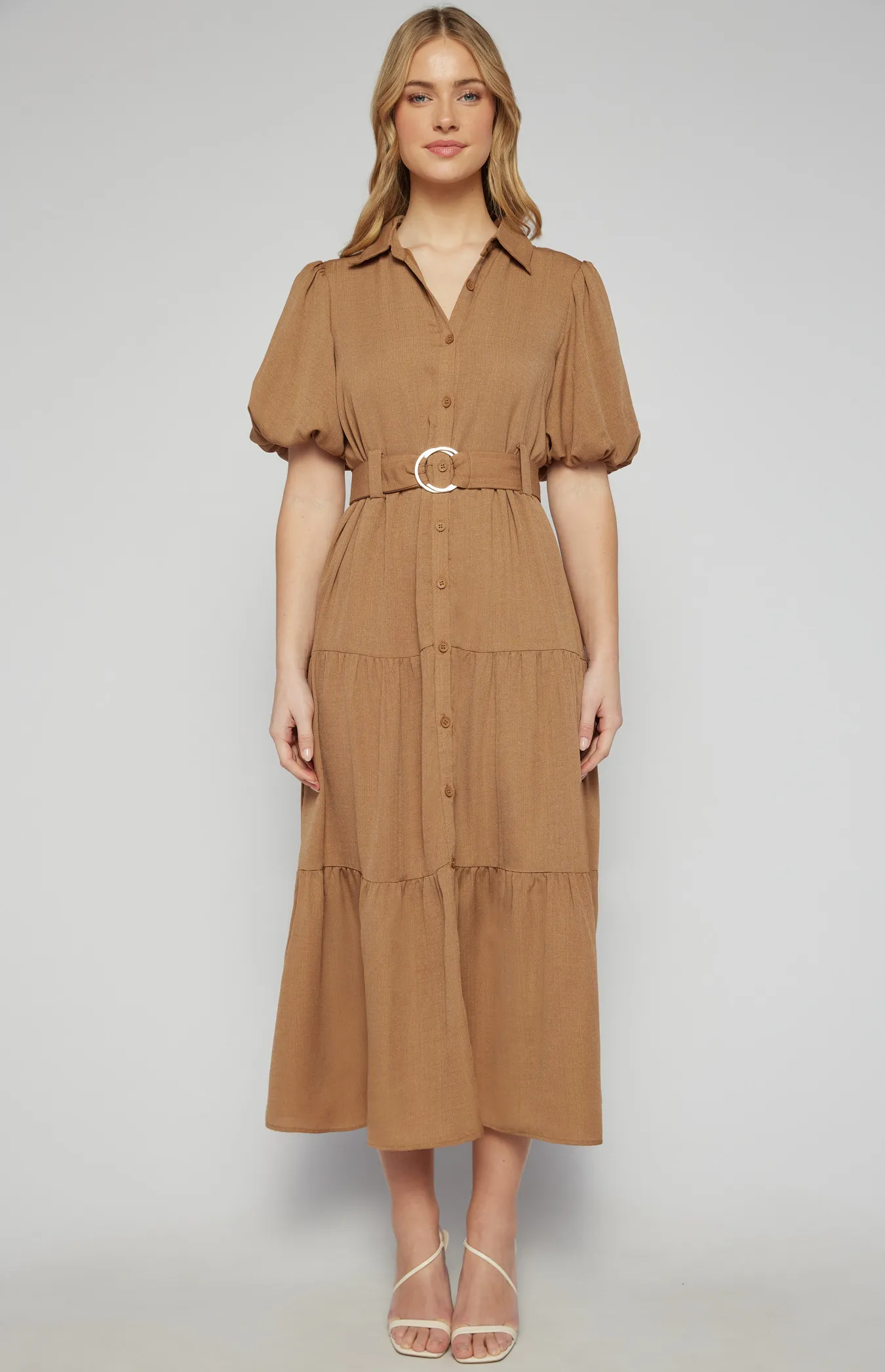 Midi Shirt Dress with Metal Ring Belt and Tiered Skirt (SDR1256A)