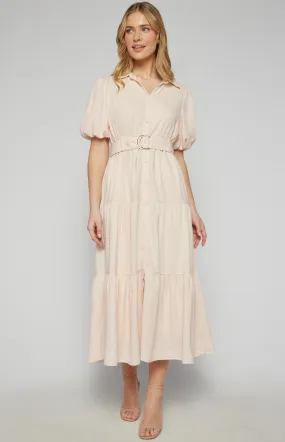 Midi Shirt Dress with Metal Ring Belt and Tiered Skirt (SDR1256A)