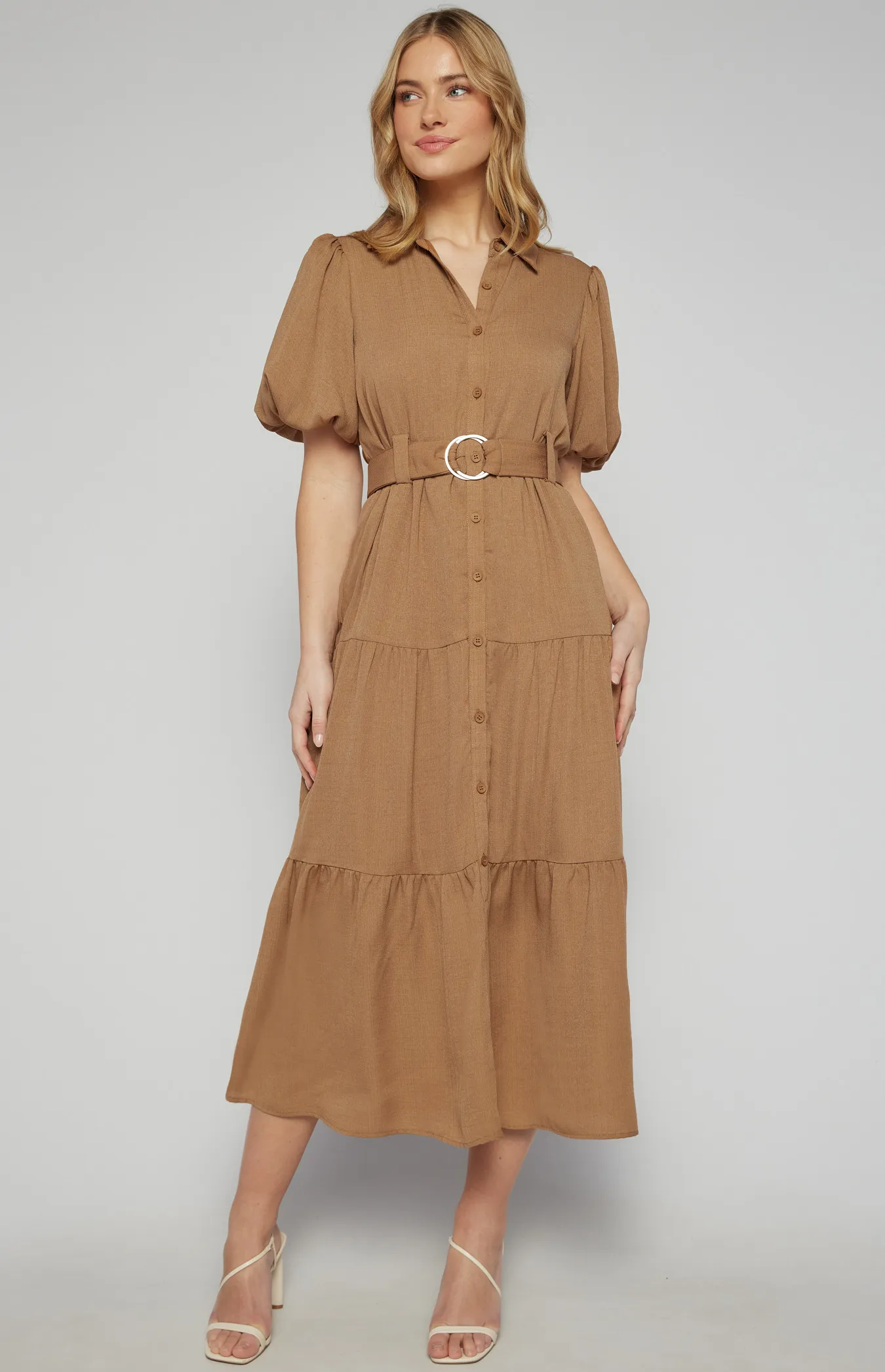 Midi Shirt Dress with Metal Ring Belt and Tiered Skirt (SDR1256A)