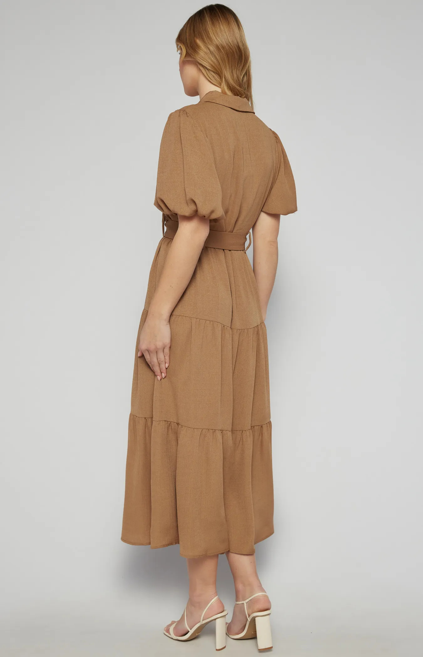 Midi Shirt Dress with Metal Ring Belt and Tiered Skirt (SDR1256A)