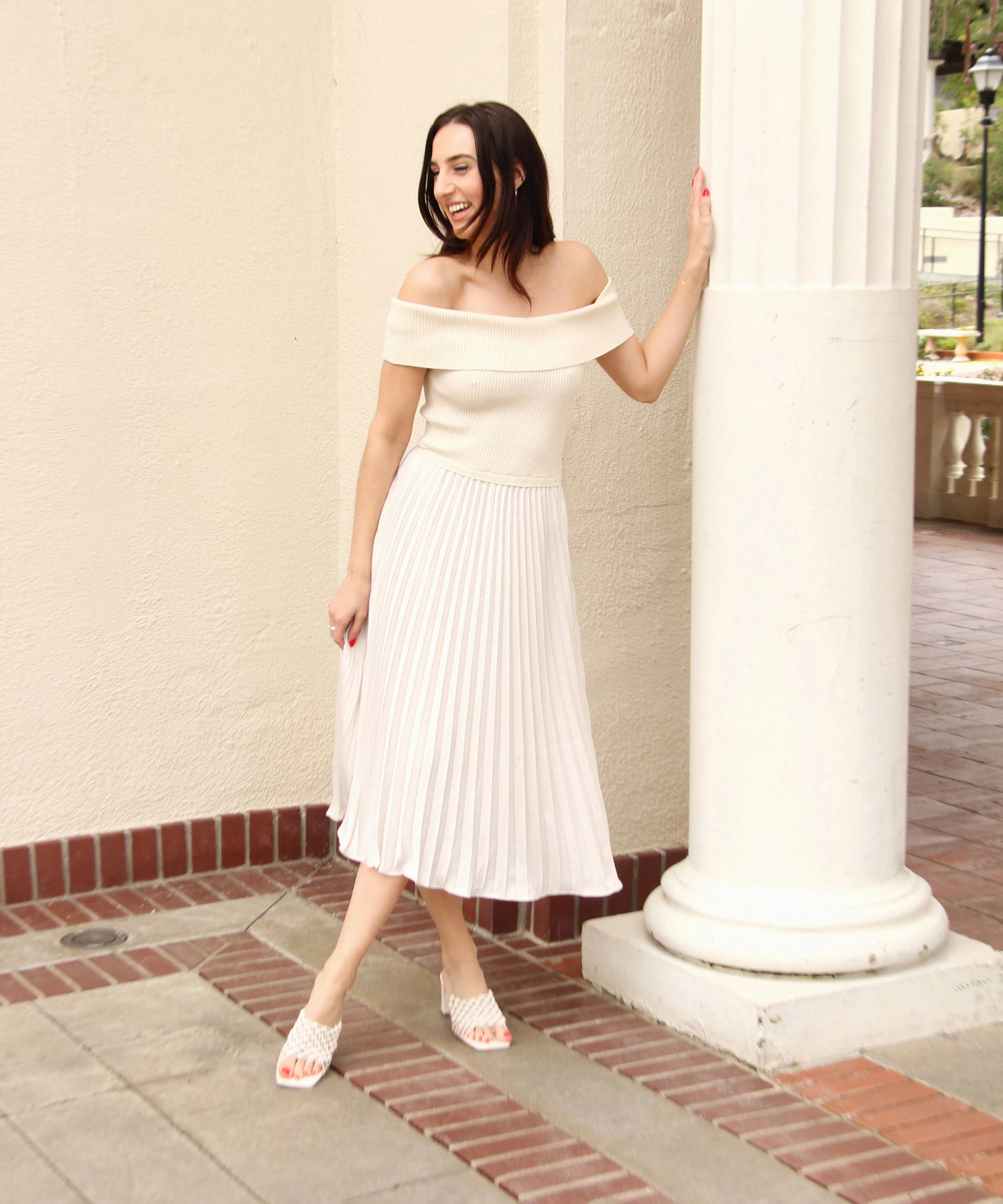 Off Shoulder Rib Dress with Pleated Skirt - Ivory