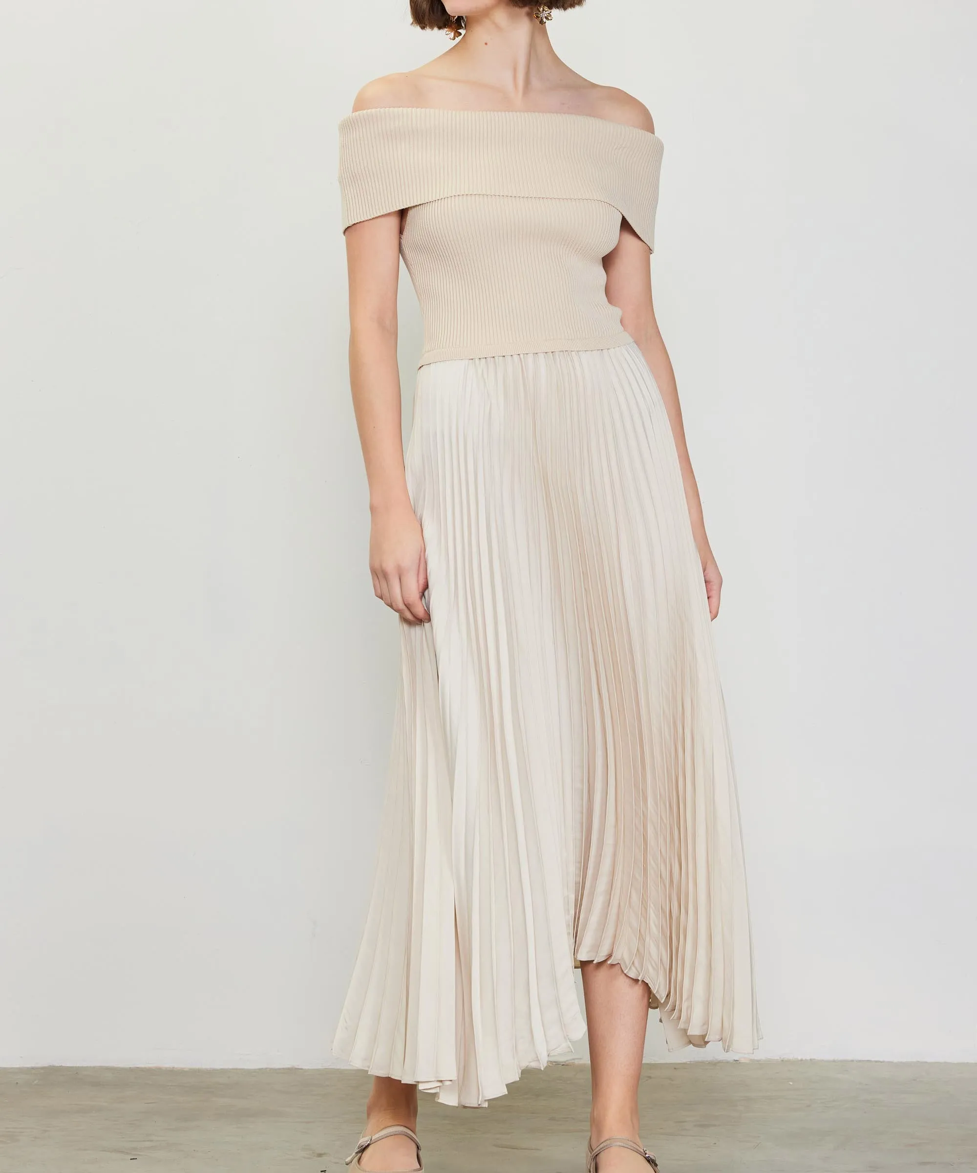 Off Shoulder Rib Dress with Pleated Skirt - Ivory