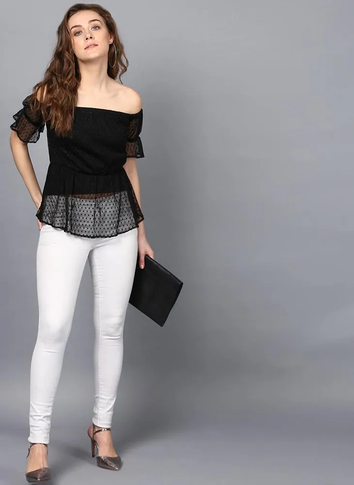 Off- Shoulder Dobby Net Frill Top