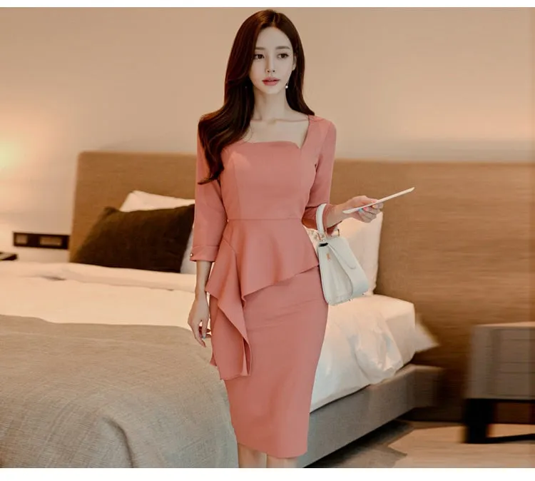 OL Style Women's Slim Pencil Fit Ruffles Office Professional Dresses