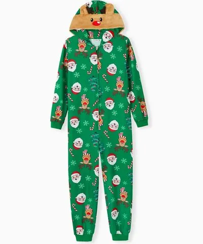 PatPat Green Christmas Family Pajamas Sets 3D Reindeer Hooded Allover Print Onesies