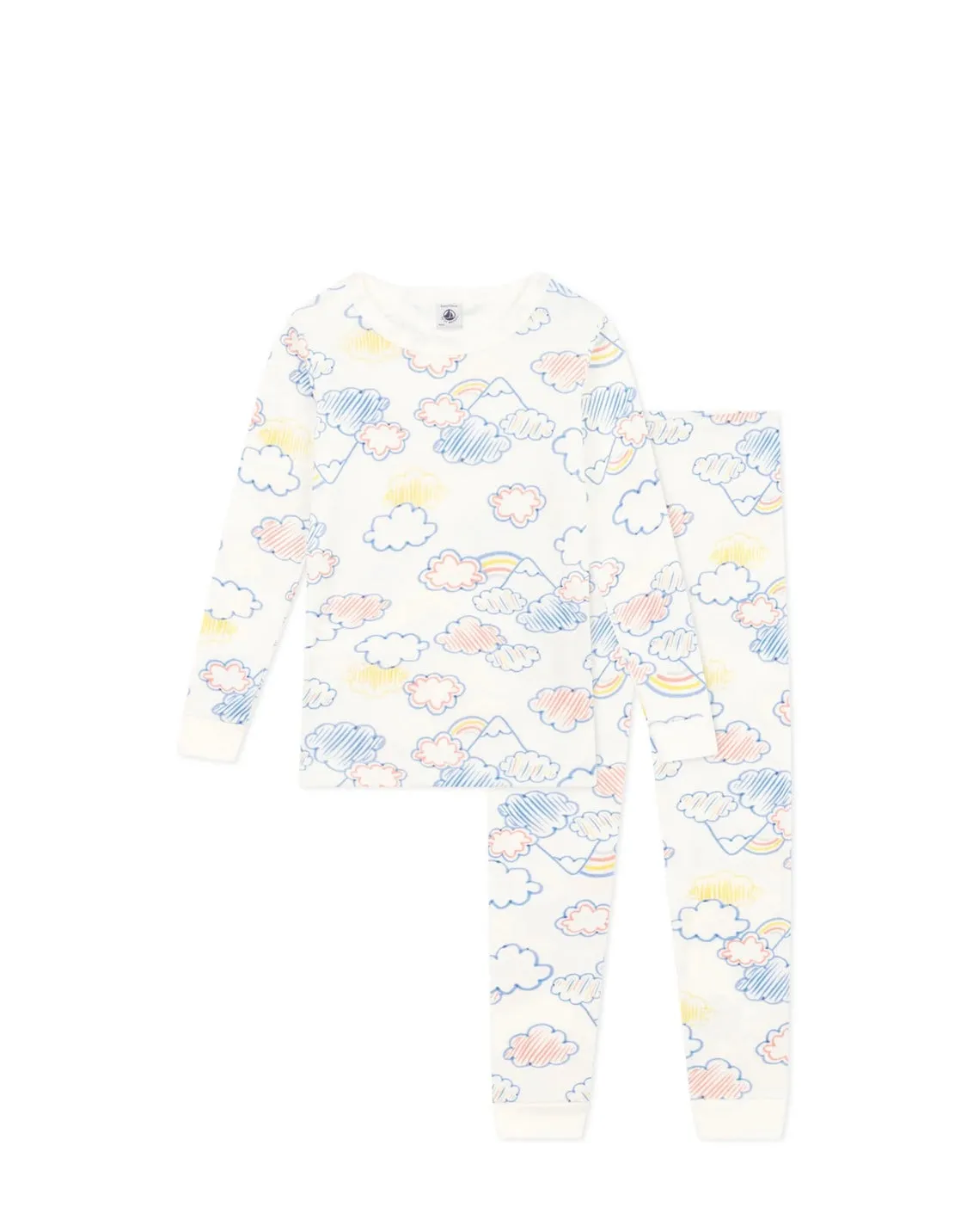 Petit Bateau Girl's LS Drawn Clouds & Rainbows Loungewear