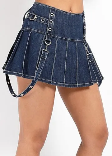 PLEATED GROMMET DENIM SKIRT