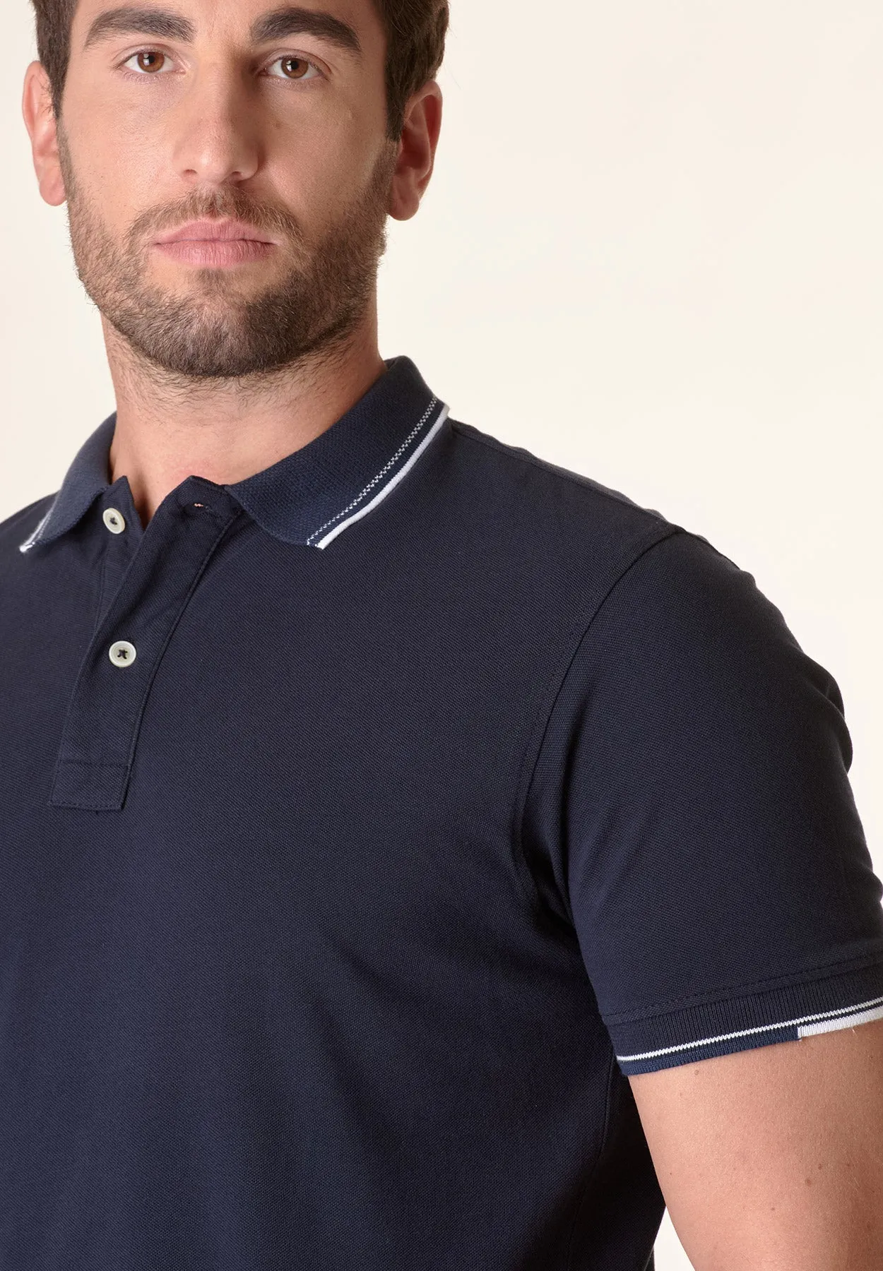 Polo blu cotone colletto jacquard