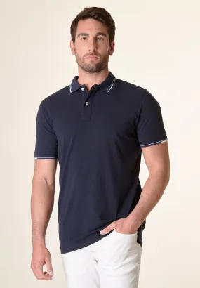 Polo blu cotone colletto jacquard