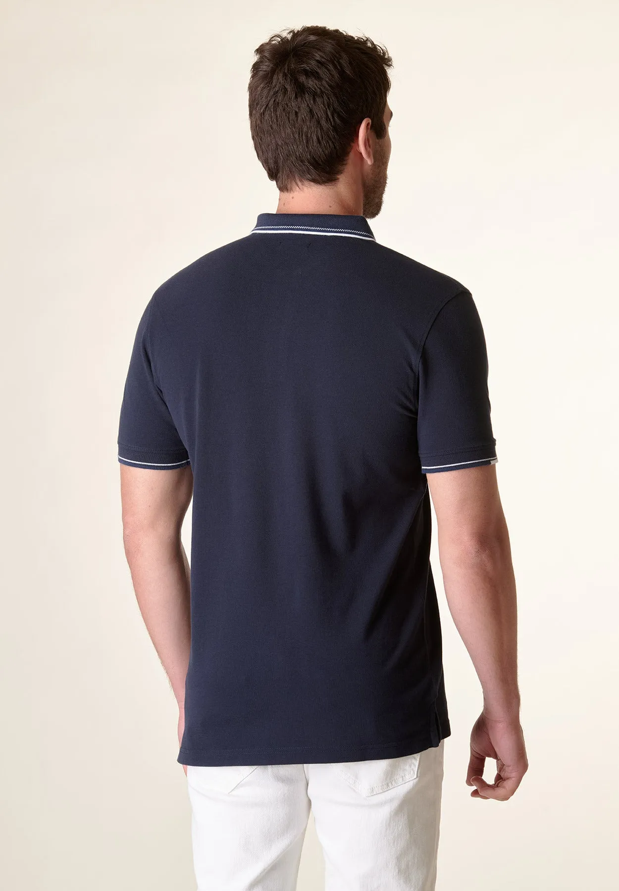 Polo blu cotone colletto jacquard