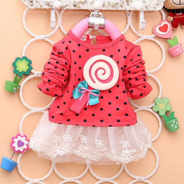 Princess Baby Kids Girls Lace Dress Candy Polka Dot Print Long Sleeve Shirt Dresses SM6