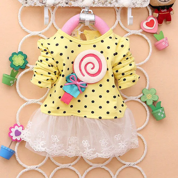 Princess Baby Kids Girls Lace Dress Candy Polka Dot Print Long Sleeve Shirt Dresses SM6