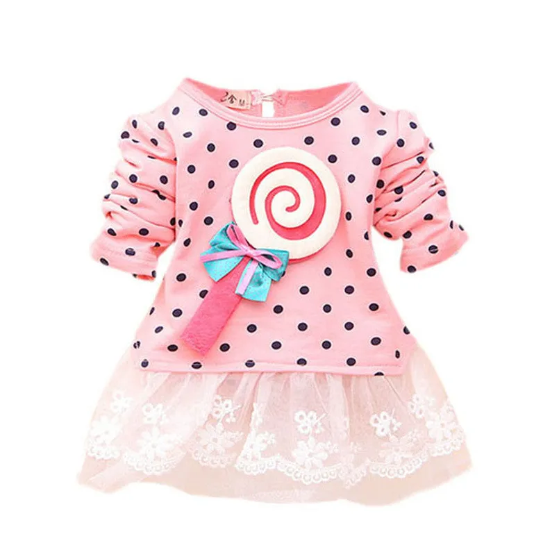 Princess Baby Kids Girls Lace Dress Candy Polka Dot Print Long Sleeve Shirt Dresses SM6