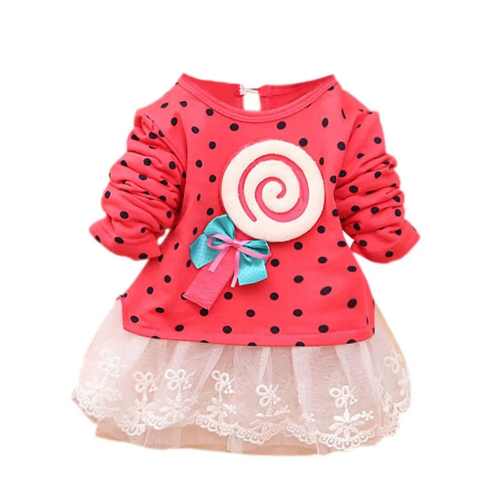 Princess Baby Kids Girls Lace Dress Candy Polka Dot Print Long Sleeve Shirt Dresses SM6