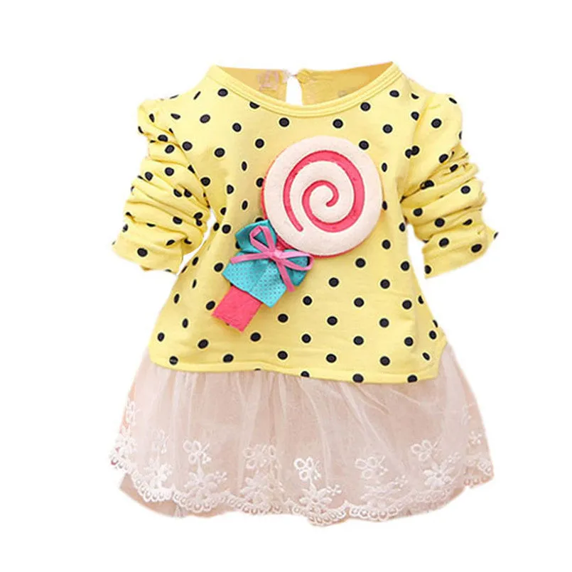 Princess Baby Kids Girls Lace Dress Candy Polka Dot Print Long Sleeve Shirt Dresses SM6