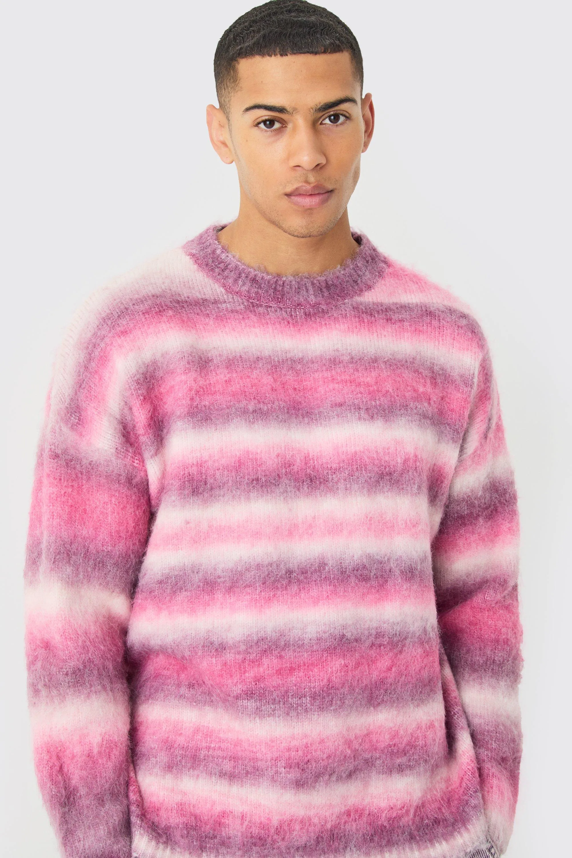 Regular Knitted Brushed Stripe Sweater In Pink