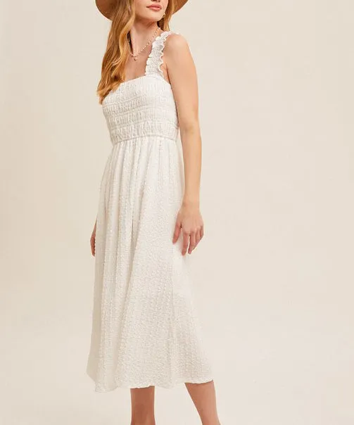 Ruffle Strap Smocked Midi Dress - Ecru