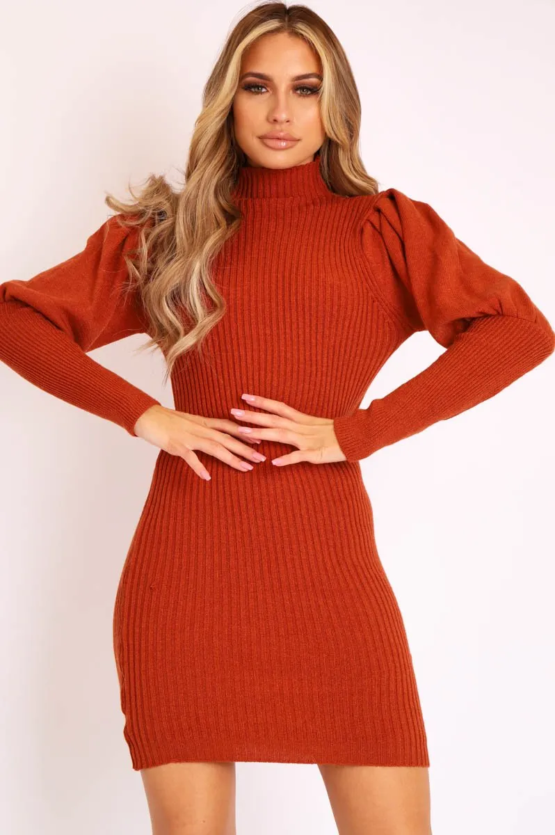 Rust High Neck Balloon Sleeve Knitted Dress - Ginna