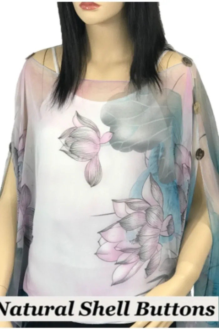 Silky Sheer 6-Button Poncho - Blue-Pink Lotus