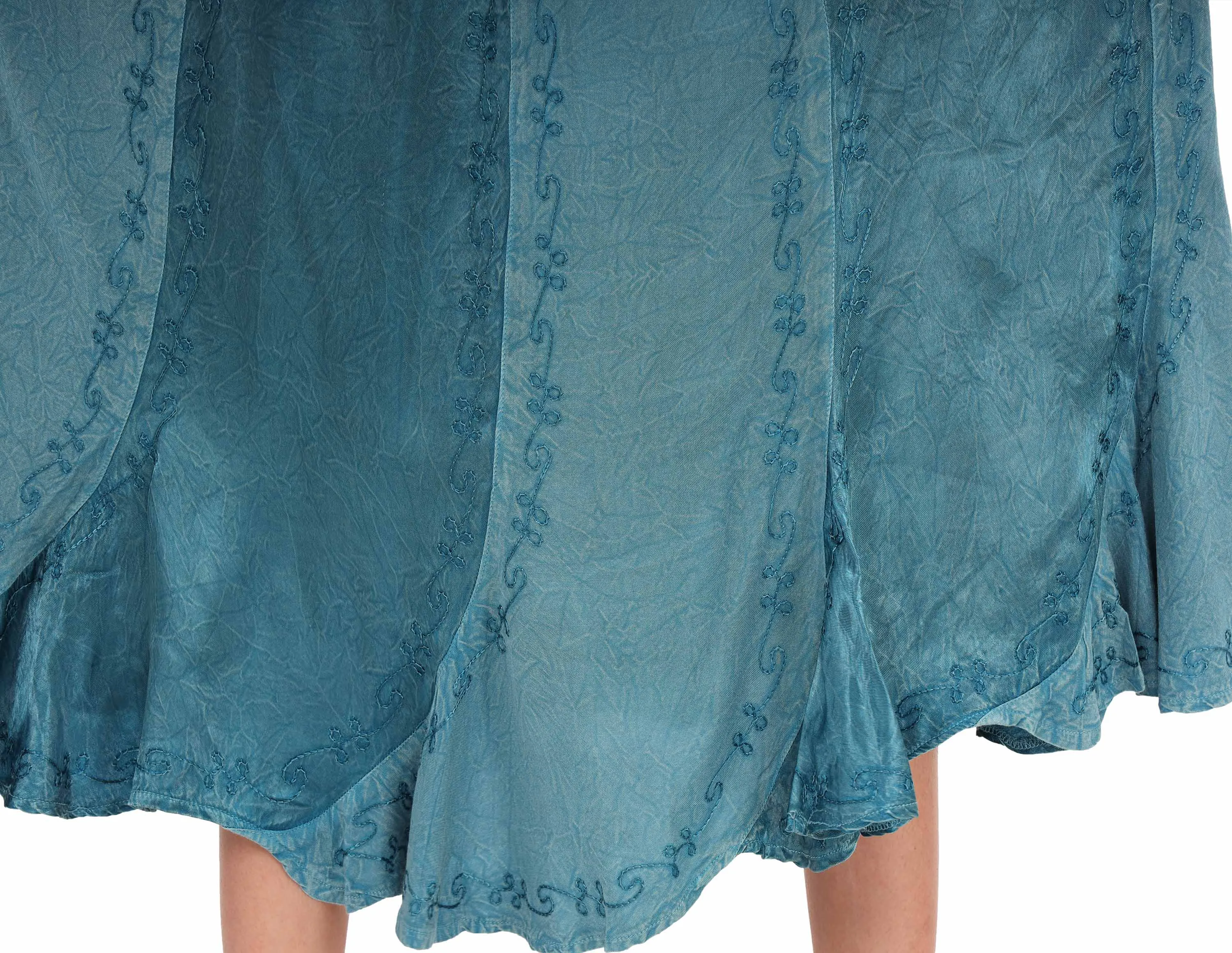 Skirts N Scarves Long Blue Midi Length Embroidered Rayon Pull On Closure Flared Skirt