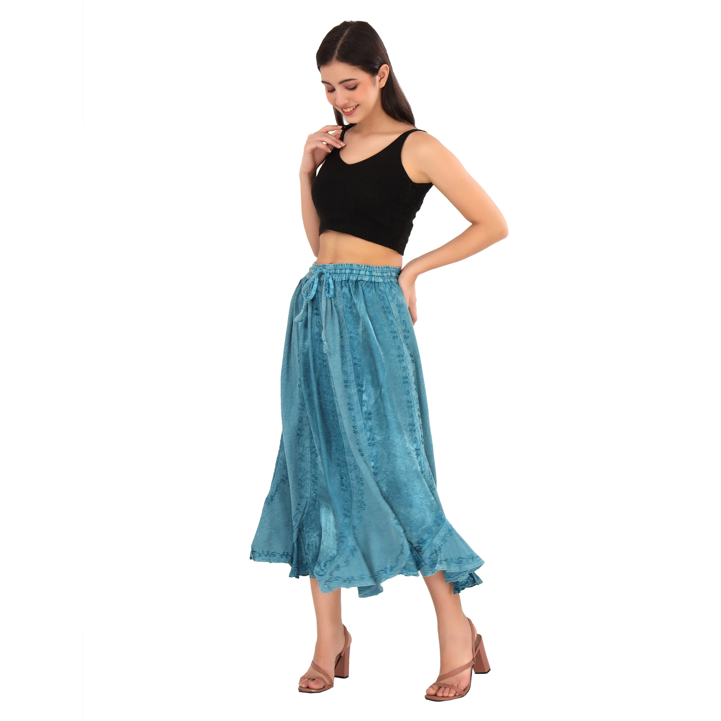 Skirts N Scarves Long Blue Midi Length Embroidered Rayon Pull On Closure Flared Skirt