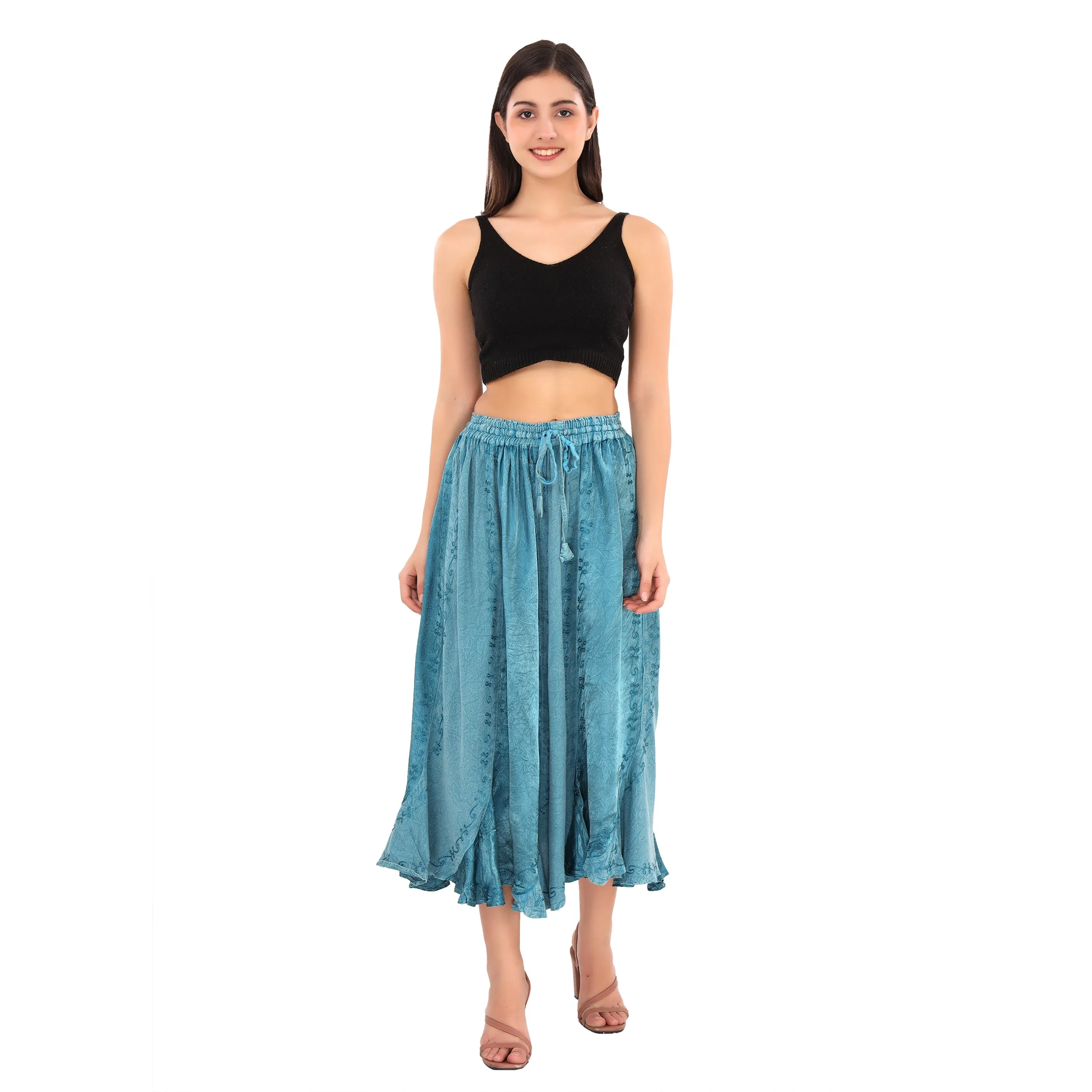 Skirts N Scarves Long Blue Midi Length Embroidered Rayon Pull On Closure Flared Skirt