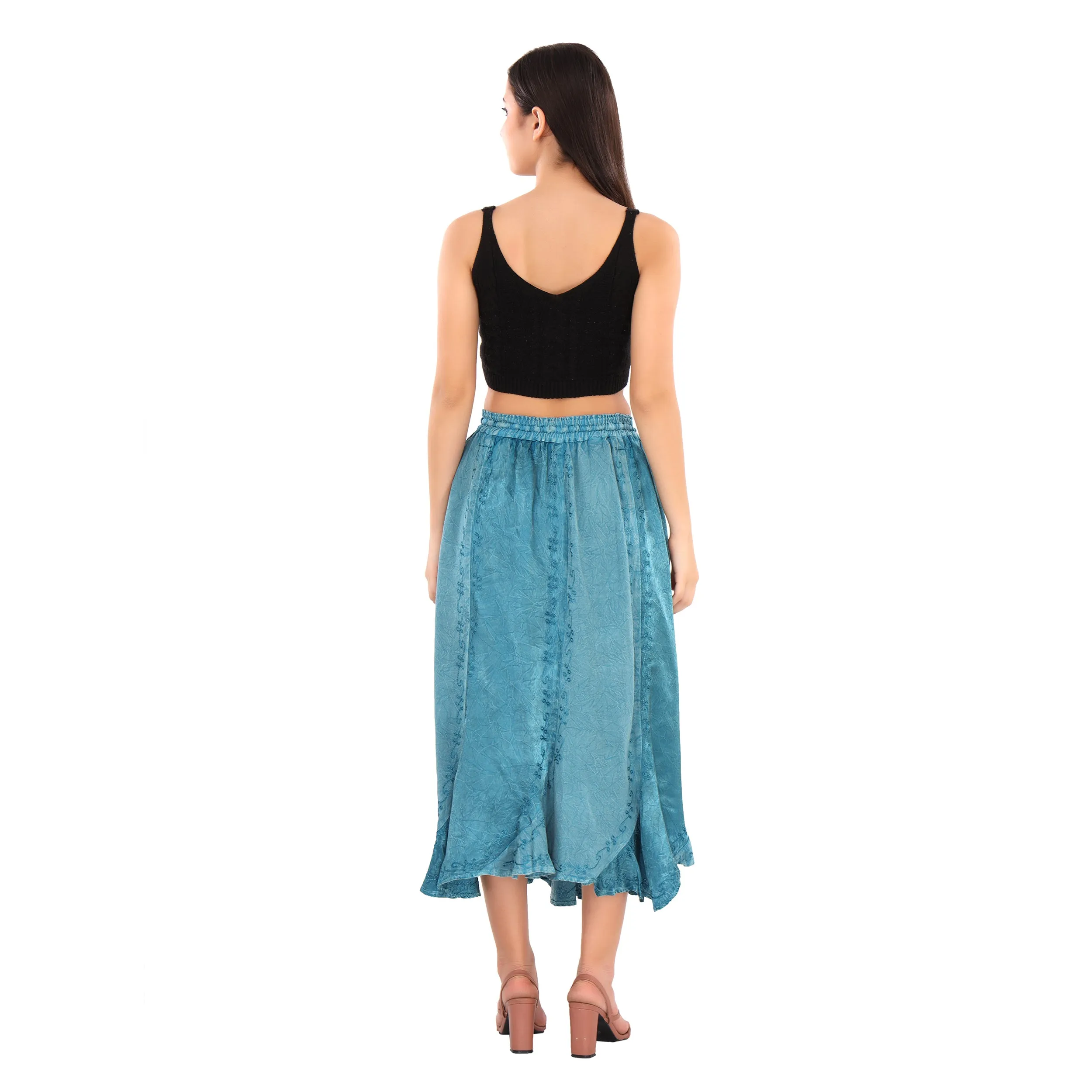 Skirts N Scarves Long Blue Midi Length Embroidered Rayon Pull On Closure Flared Skirt