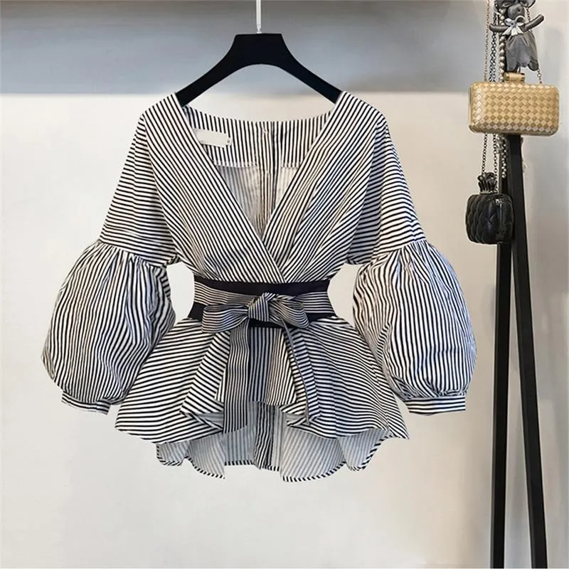 Striped Blouse & Wide Leg Pants Set with Sashes & Fashion Puff Sleeves