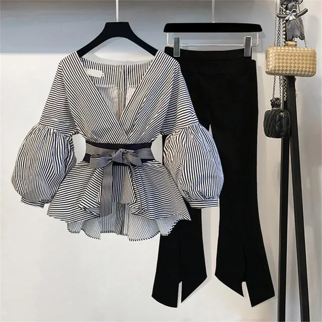 Striped Blouse & Wide Leg Pants Set with Sashes & Fashion Puff Sleeves