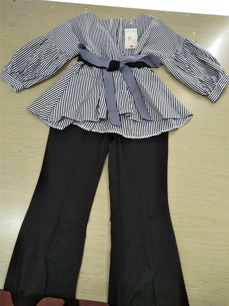 Striped Blouse & Wide Leg Pants Set with Sashes & Fashion Puff Sleeves