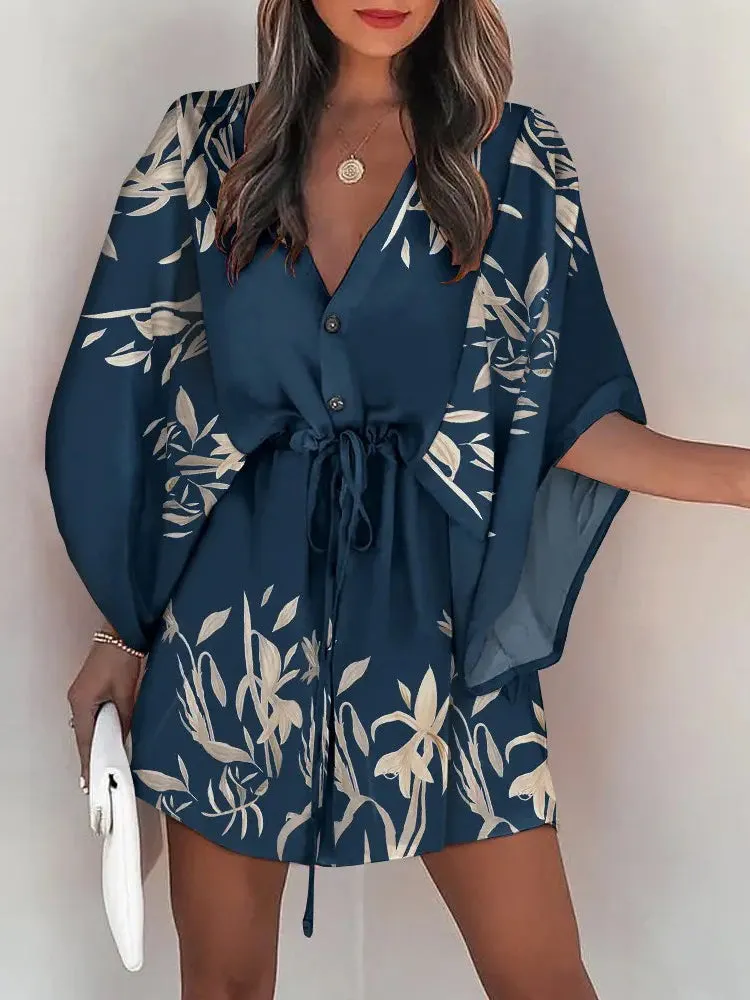 Summer Casual Loose Print Mini Dress Women 2023 Fashion V-neck Batwing Sleeve Lace-up Dresses Women Elegant Party Beach Dress