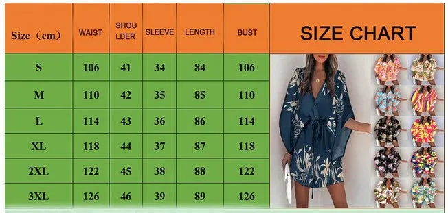 Summer Casual Loose Print Mini Dress Women 2023 Fashion V-neck Batwing Sleeve Lace-up Dresses Women Elegant Party Beach Dress