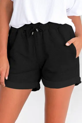 Tie Waist Side Pockets Cuffed Lounge Shorts - Black