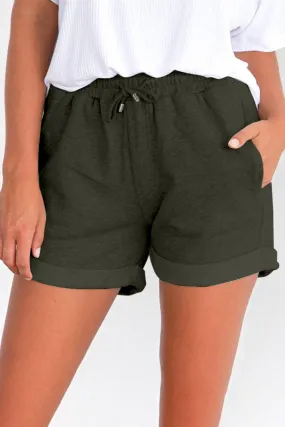 Tie Waist Side Pockets Cuffed Lounge Shorts - Green