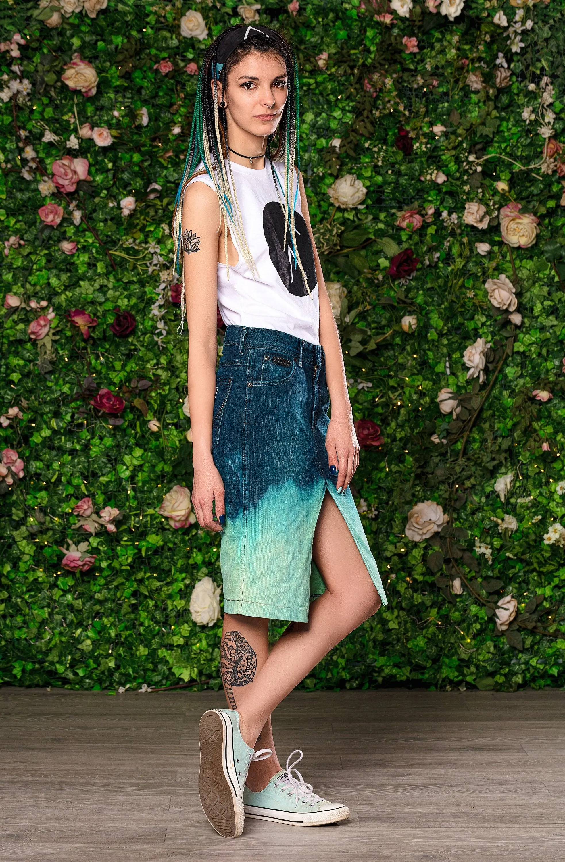 Turquoise dip dye gradient denim skirt with pockets | size S