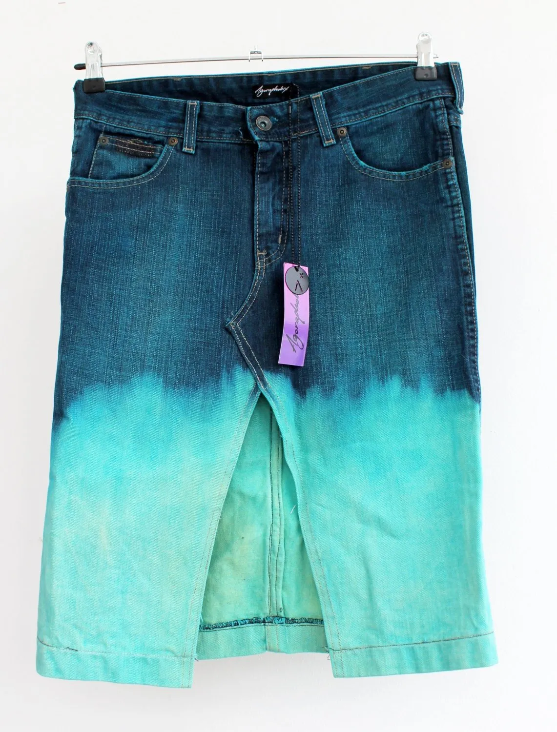 Turquoise dip dye gradient denim skirt with pockets | size S