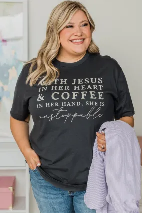 With Jesus In Her Heart Graphic Tee- Charcoal