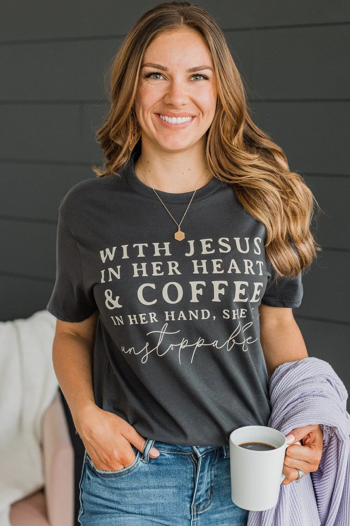 With Jesus In Her Heart Graphic Tee- Charcoal