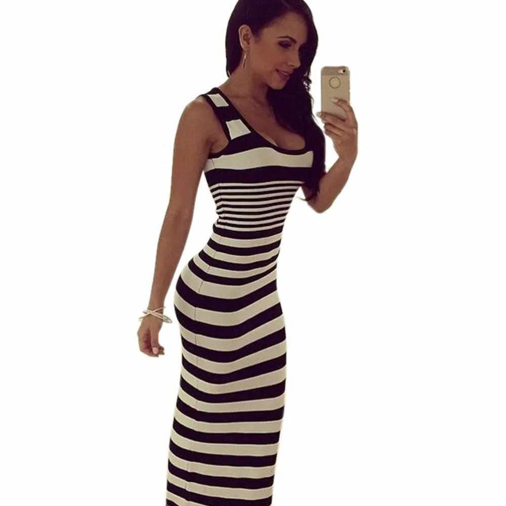 Women Sexy Classic Strips Bodycon Beach Casual Tank Vest Maxi Long Dress Sundress Striped Party Dresses SM6