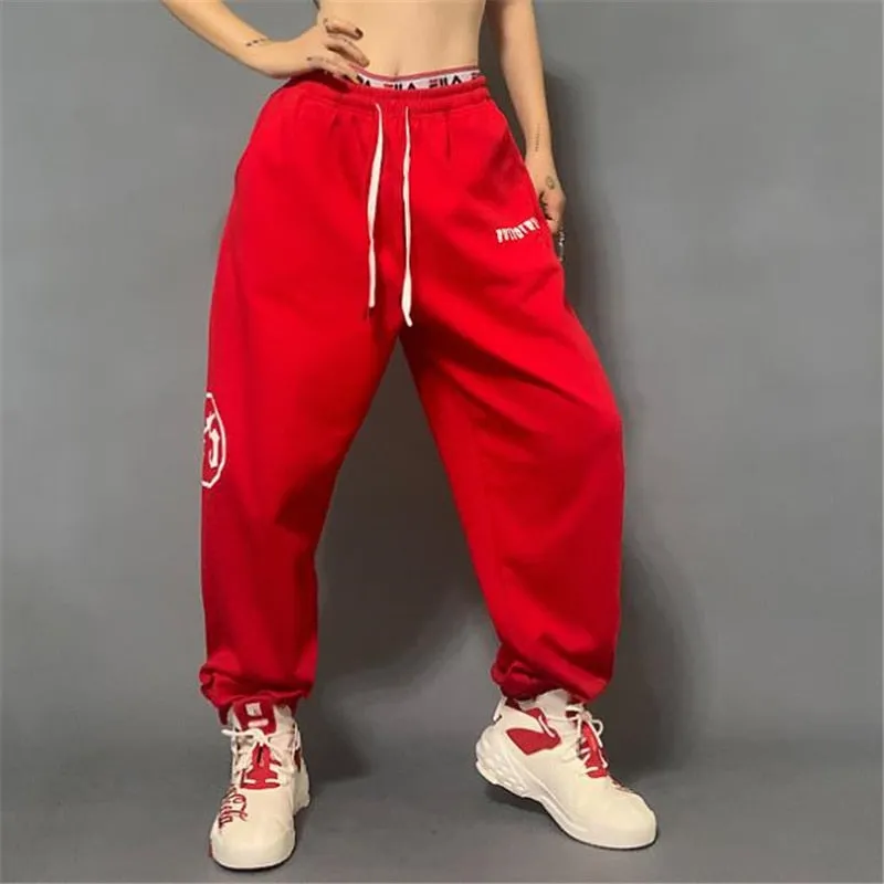 Women's Casual Elastic Waist Hip Hop Loose Mid-Waist Streetwear Pants