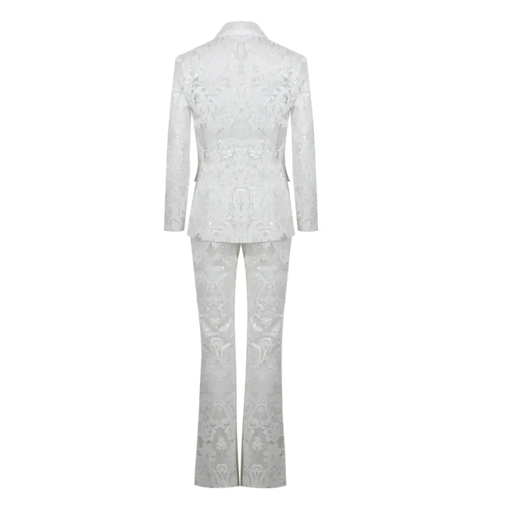 Women's Guipure Lace Sequined Blazer High Waist Pants Two Piece Set