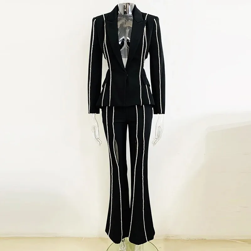 Women's Hollow Out Diamonds Beaded Single Button Blazer Flare Pants Set