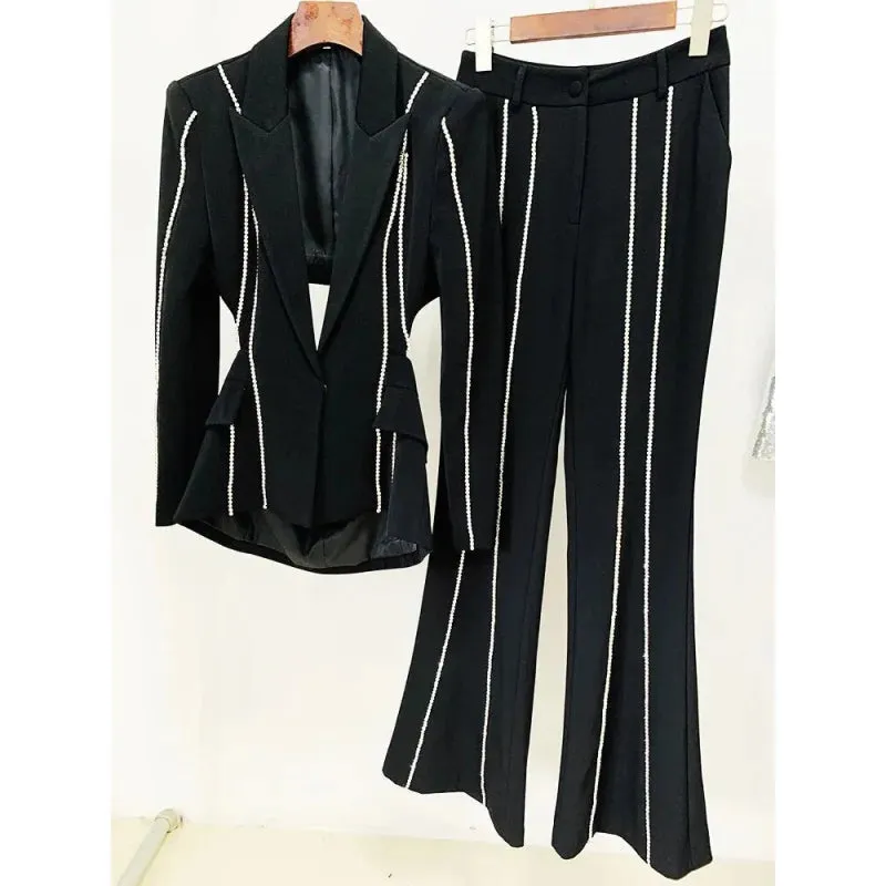 Women's Hollow Out Diamonds Beaded Single Button Blazer Flare Pants Set