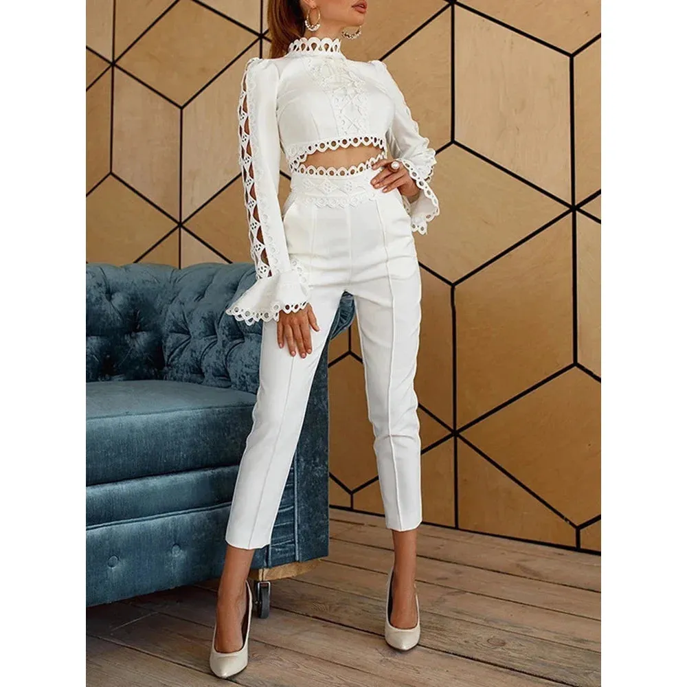 Women's Hollow Out Lace Flare Sleeve Trimmed Blouse Pencil Pants Set