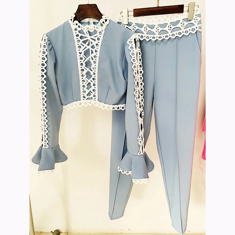 Women's Hollow Out Lace Flare Sleeve Trimmed Blouse Pencil Pants Set