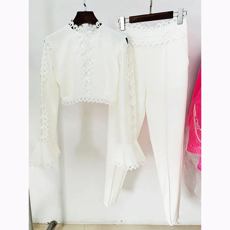 Women's Hollow Out Lace Flare Sleeve Trimmed Blouse Pencil Pants Set