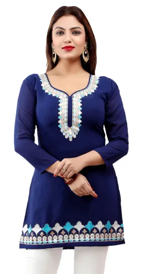 Women's Indian Tunic Kurti Top Blouse India Clothes (Blue)