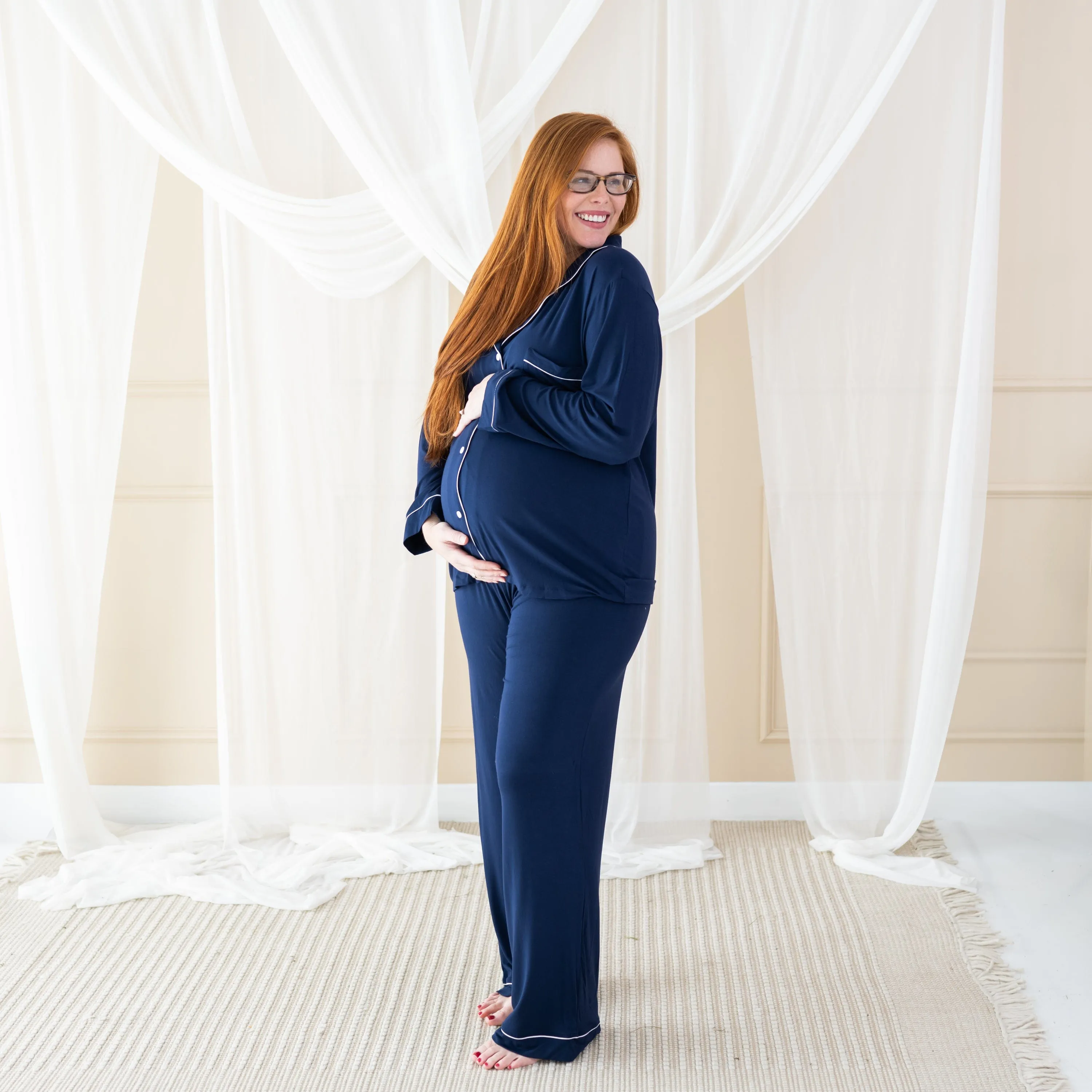 Women's Long Sleeve Pajama Set in Navy with Cloud Trim