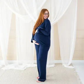 Women's Long Sleeve Pajama Set in Navy with Cloud Trim